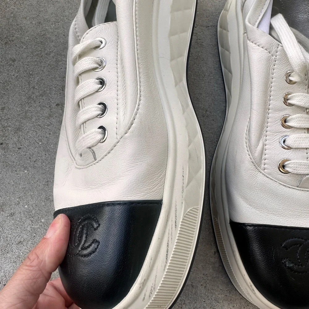 Chanel White and Black Leather Sneakers - Picture 11 of 16